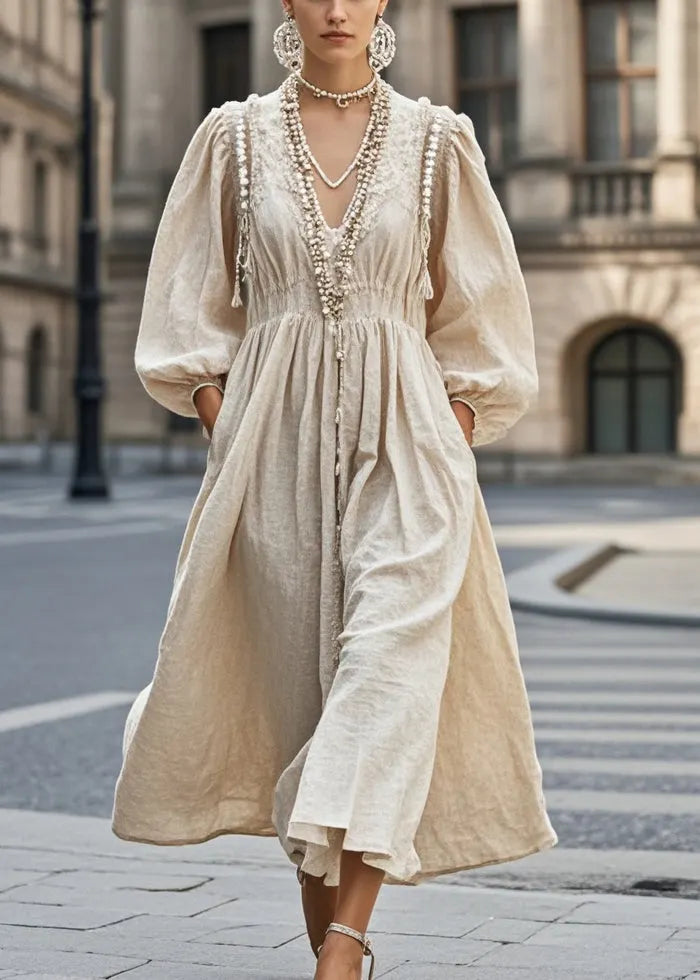 Nail Bead V Neck Cotton Holiday Dress Fall