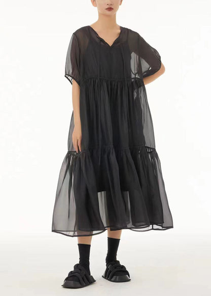 Fine Black Oversized Patchwork Tulle Holiday Dress Two-piece Set Summer