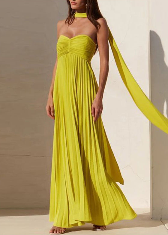 Fluorescent Green Strapless Ribbon Long Dress Sleeveless