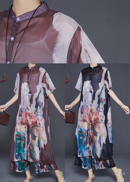 Brown Oversized Print Chiffon Two Piece Set Clothing Summer
