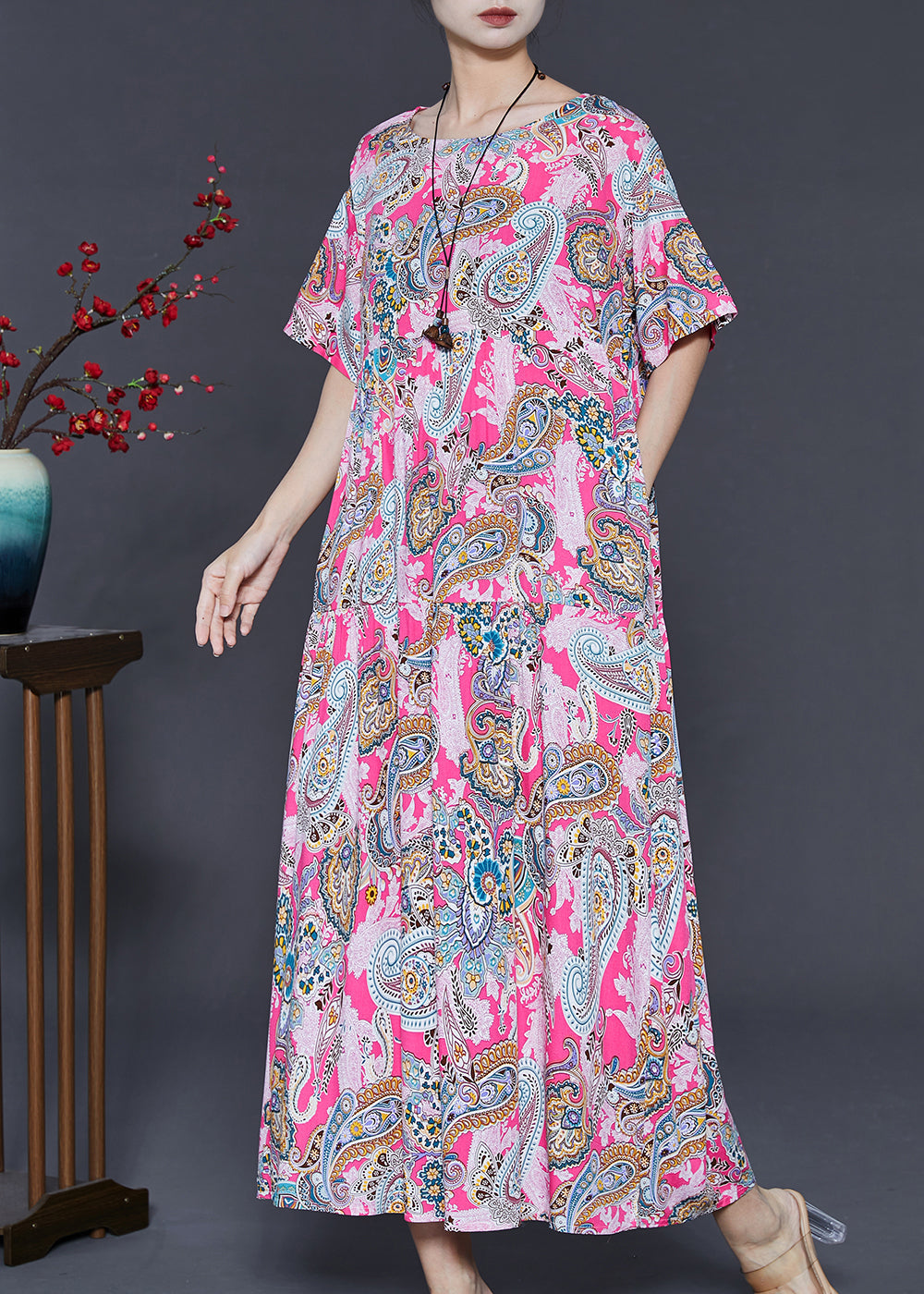 Pink Oversized Print Cotton Ankle Dress Summer