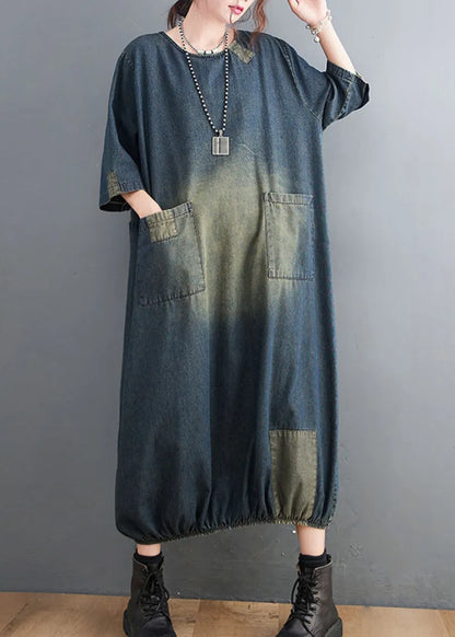 Baggy Blue O-neck Pockets Patchwork Denim Dresses Half Sleeve