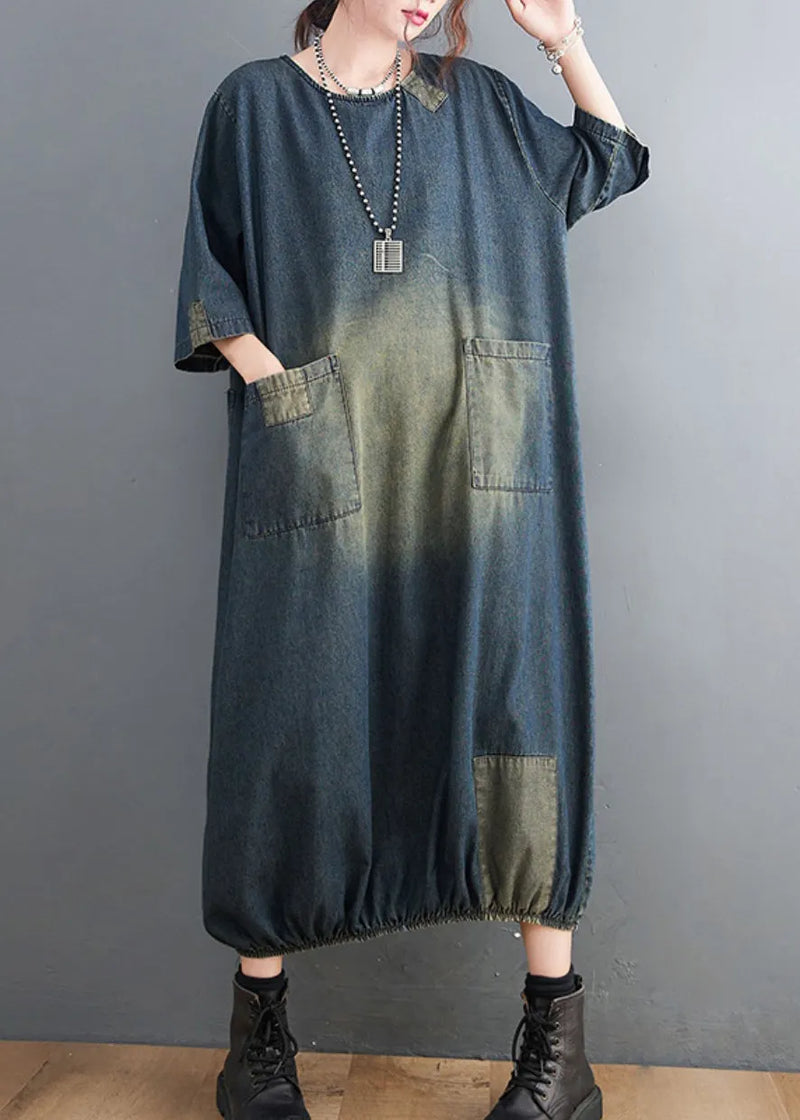 Baggy Blue O-neck Pockets Patchwork Denim Dresses Half Sleeve