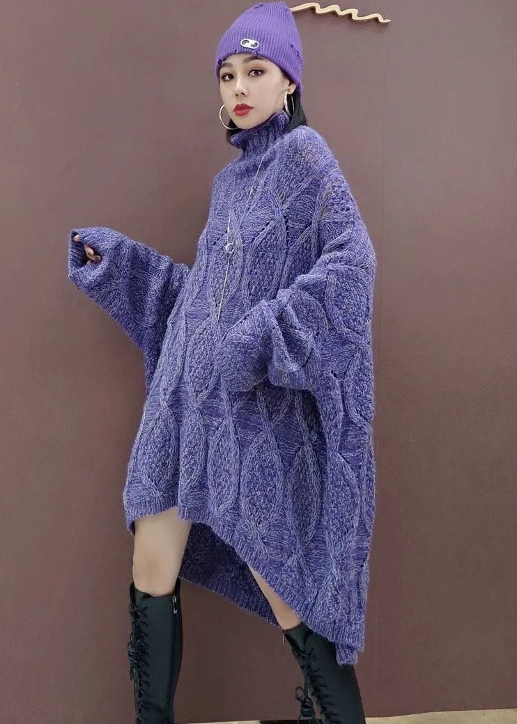 Purple Low High Design Long Knit Dress Spring