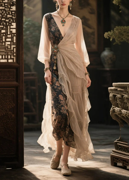 Beige Asymmetrical Patchwork Tasseled Chiffon Dresses Summer