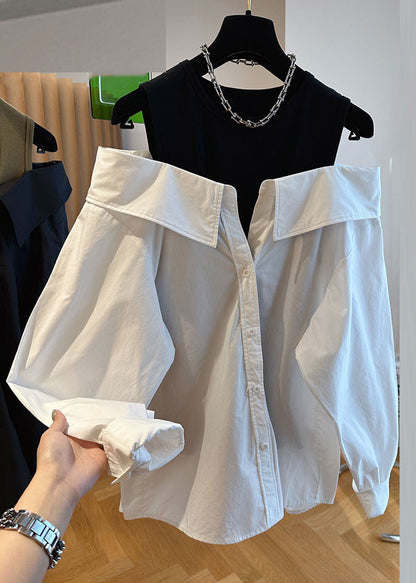 Style Black O-neck Off Shoulder Patchwork Shirts Long Sleeve