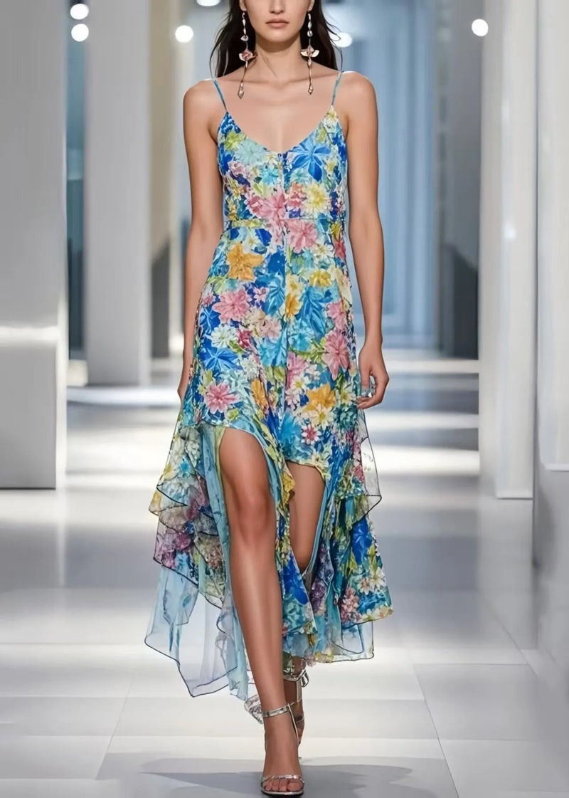 Blue Asymmetrical Print Cami Dress Summer