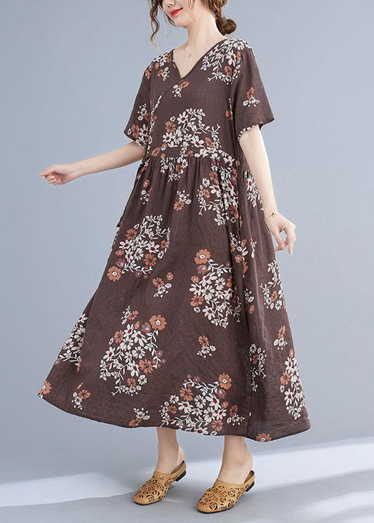 Chocolate Retro Print Summer Vacation Dresses Short Sleeve
