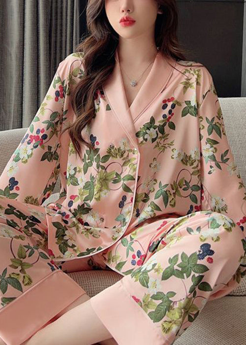 Pink Peter Pan Collar Print Ice Silk Pajamas Two Pieces Set Spring