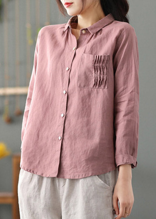 Pink Peter Pan Collar Patchwork Button Low High Design Linen Shirt Long Sleeve
