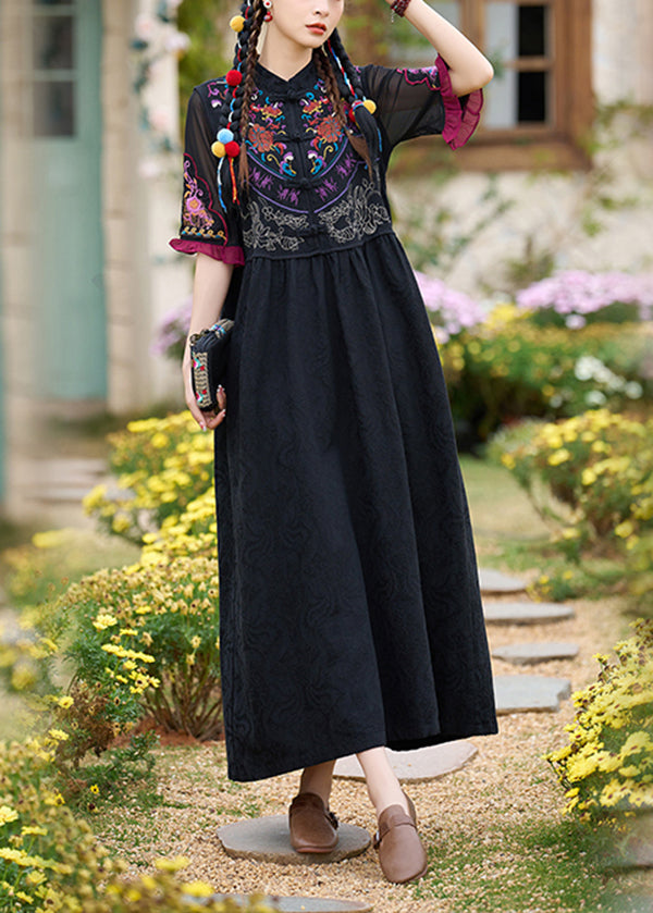 Black Stand Collar Embroidered Cotton Two Pieces Set Summer