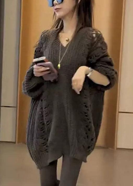 Loose Dark Gray V Neck Hollow Out Knit Sweater Spring