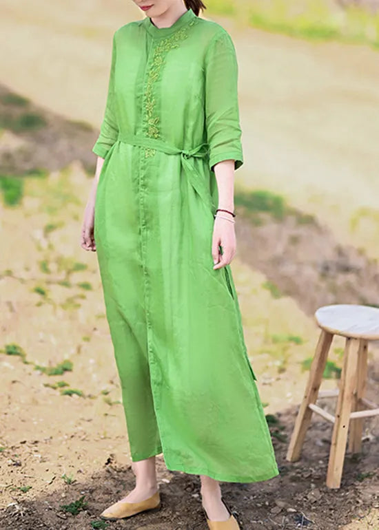 Fine Green Stand Collar Tie Waist Embroideried Linen Party Dress Half Sleeve