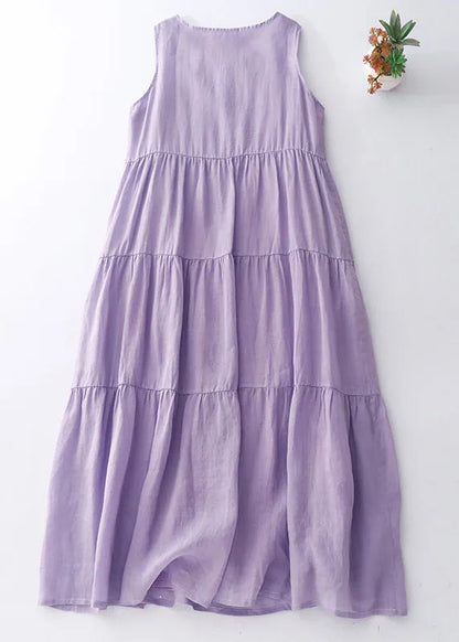 Simple Purple O-neck Cotton Long Dresses Sleeveless