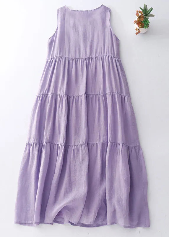 Simple Purple O-neck Cotton Long Dresses Sleeveless
