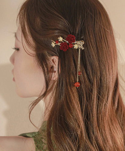 Red Copper Alloy Plum Blossom Tassel Hairpin