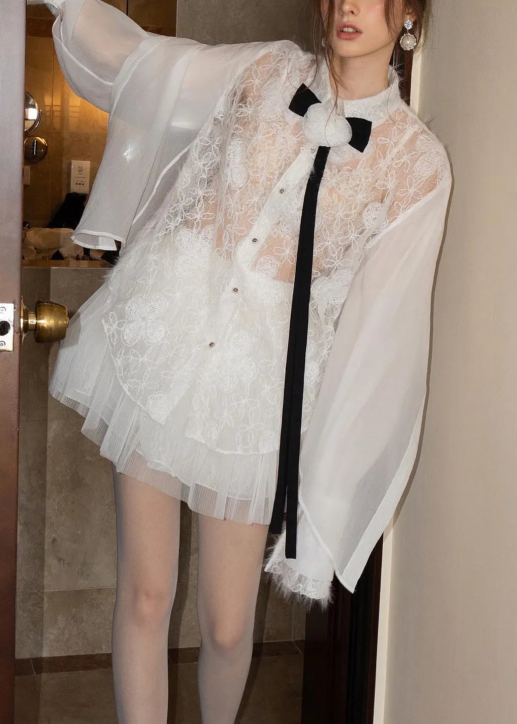 White Embroidered Lace Shirts and Skirts Tulle Two Pieces Set