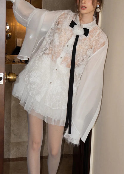 White Embroidered Lace Shirts and Skirts Tulle Two Pieces Set