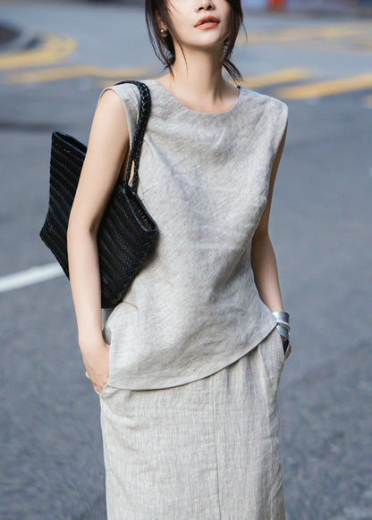 French Grey Tops and Skirts Linen Two Pieces Set Summer