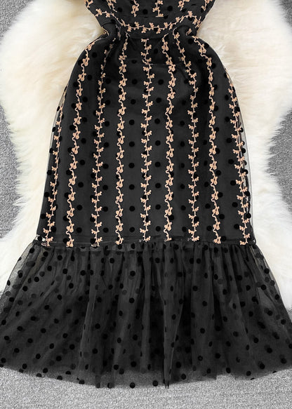 Black O-neck Dot Ruffled Tunic Tulle Long Fishtail Dress Short Sleeve