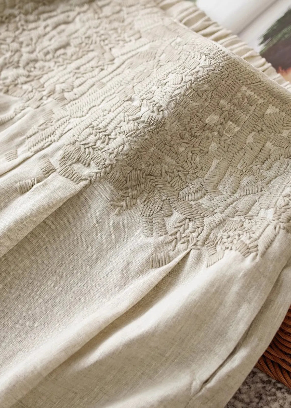 Apricot High Waist Embroidered Linen Wide Leg Pants Fall