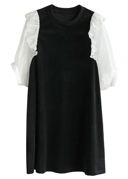 Black O-neck Patchwork Ruffles Velour a Line Dress Half Sleeve