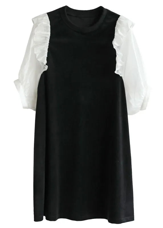 Black O-neck Patchwork Ruffles Velour a Line Dress Half Sleeve