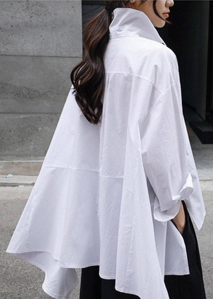 Natural White Peter Pan Collar Low High Design Button Pockets Cotton Shirts Long Sleeve Spring
