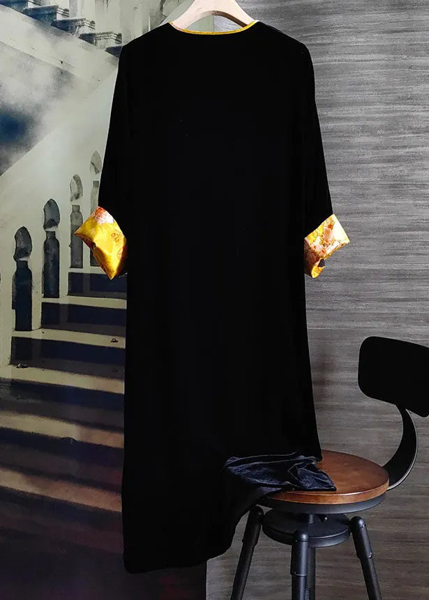 Black Tasseled Patchwork Silk Velour Dress Spring