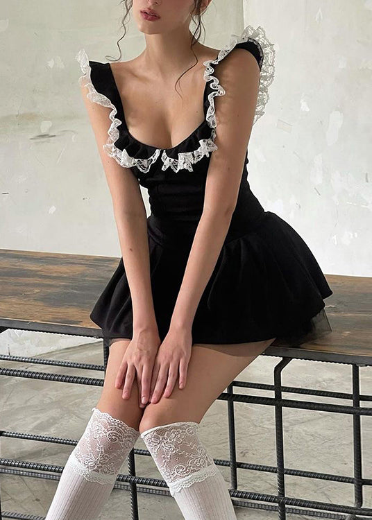 Black Lace Ruffled Patchwork Cotton Mini Dress Summer