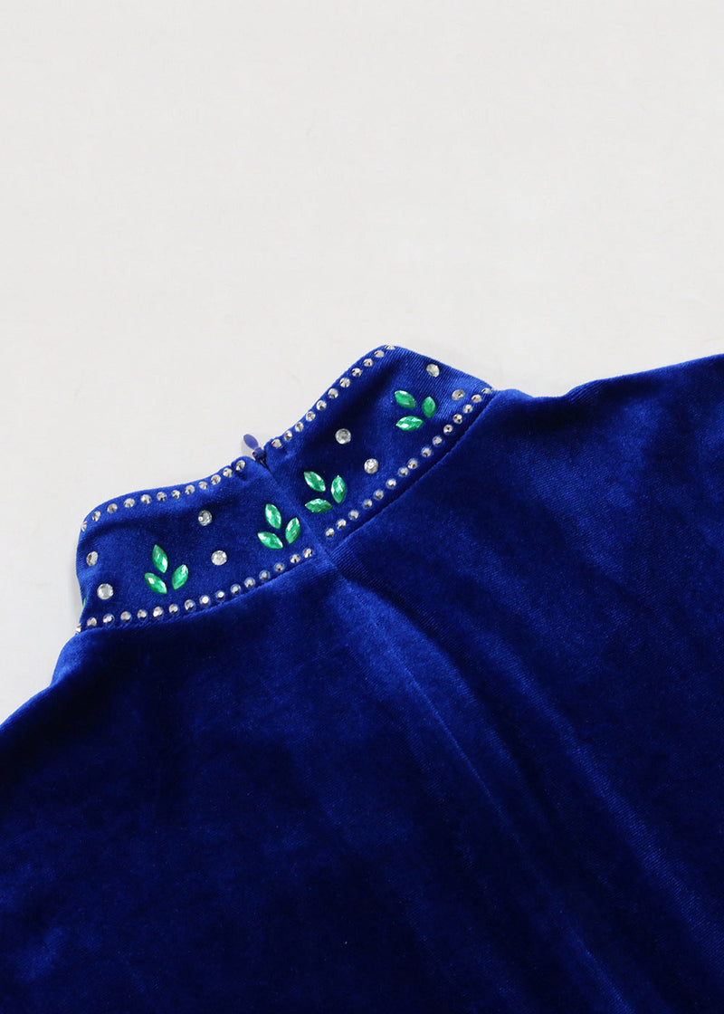 Blue Zippered Zircon Silk Velour Long Dress Long Sleeve
