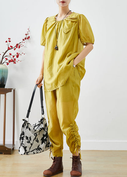 Yellow O-neck Wrinkled Silk 2 Piece Outfit Summer
