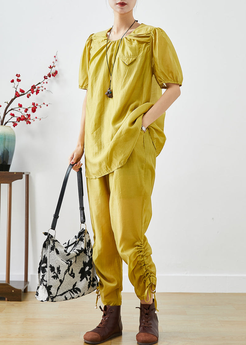 Yellow O-neck Wrinkled Silk 2 Piece Outfit Summer