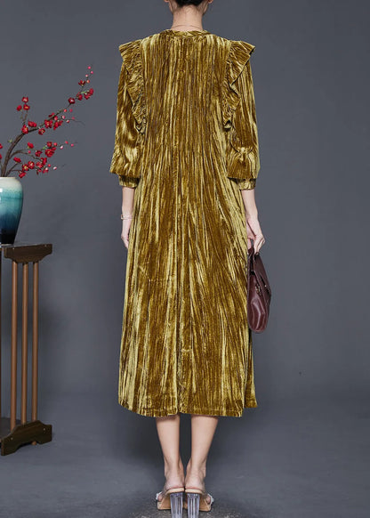 Green Ruffled Wrinkled Silk Velour Holiday Dress Spring
