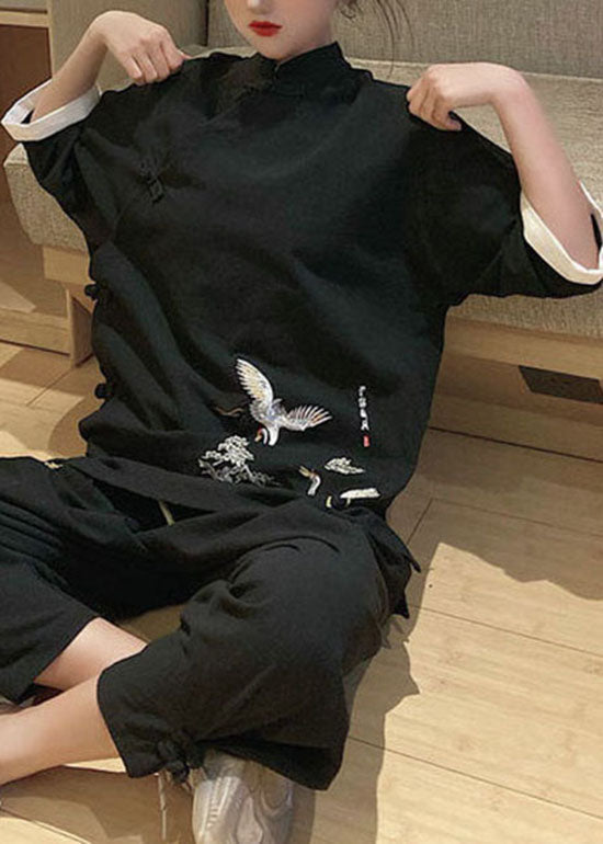 Chinese Style Black Stand Collar Embroideried Linen Tops Three Quarter Sleeve