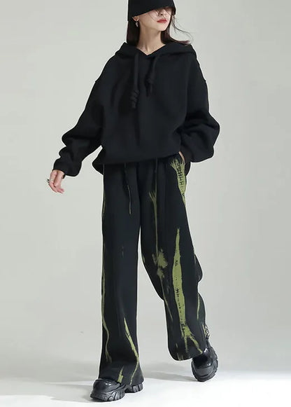 Black Hooded Patchwork Warm Fleece Sweatshirts Tracksuits Winter