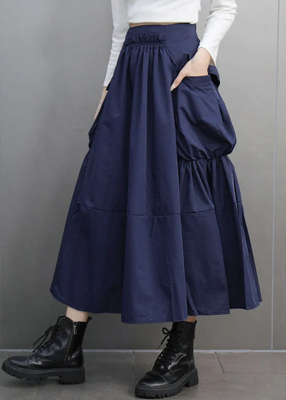 Modern Navy Asymmetrical Pockets Patchwork Elastic Waist a Line Skirts Spring