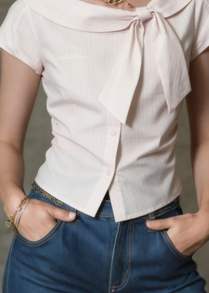 French Pink O Neck Bow Button Cotton Tops Summer