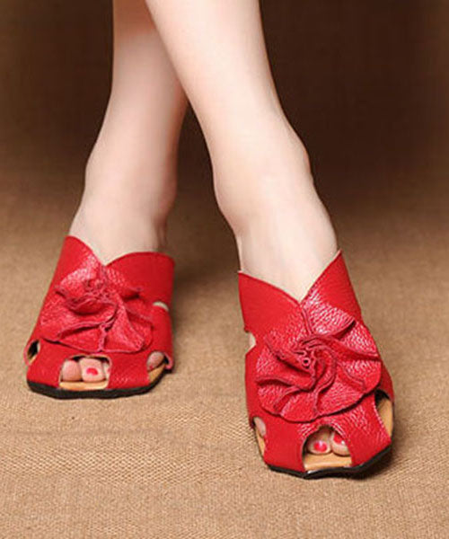 Red Cowhide Leather Splicing Chunky Slide Sandals