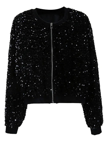 Stylish Black O-neck Patchwork Sequins Silk Velvet Coat Spring