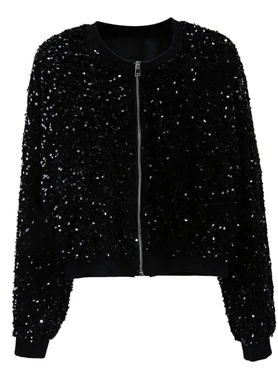 Stylish Black O-neck Patchwork Sequins Silk Velvet Coat Spring