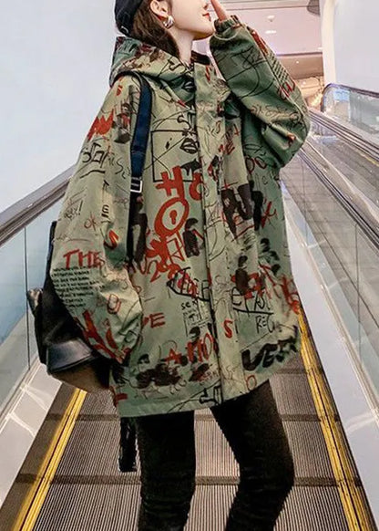 Green Hooded Letter Pockets Cotton Trench Coats Spring