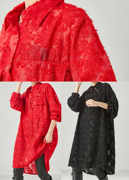 Black Tasseled Pockets Cotton Shirt Dress Spring