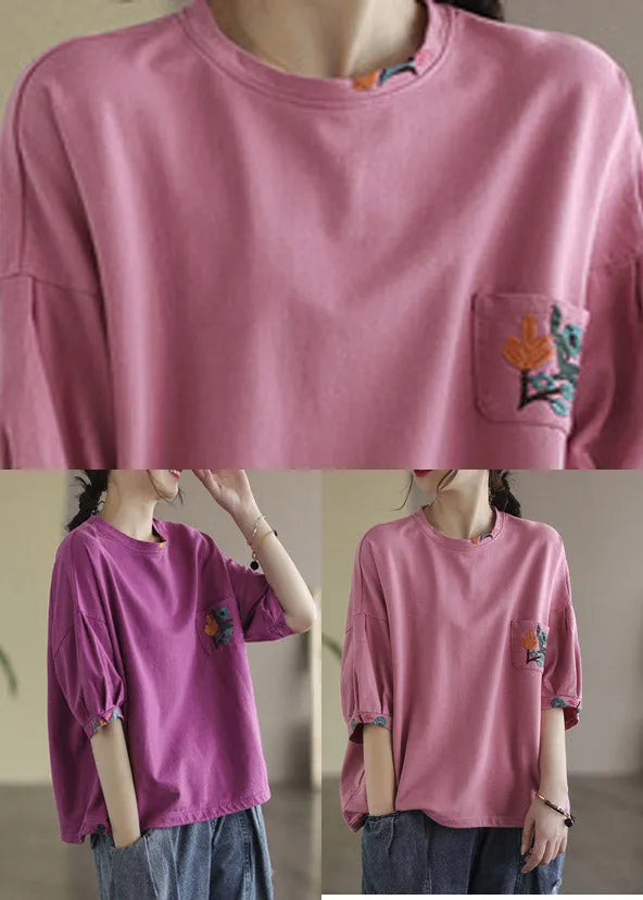 Vogue Pink O-neck Embroideried T Shirt Half Sleeve