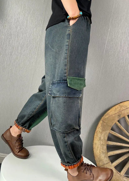 French Blue Patchwork Denim Pants Spring