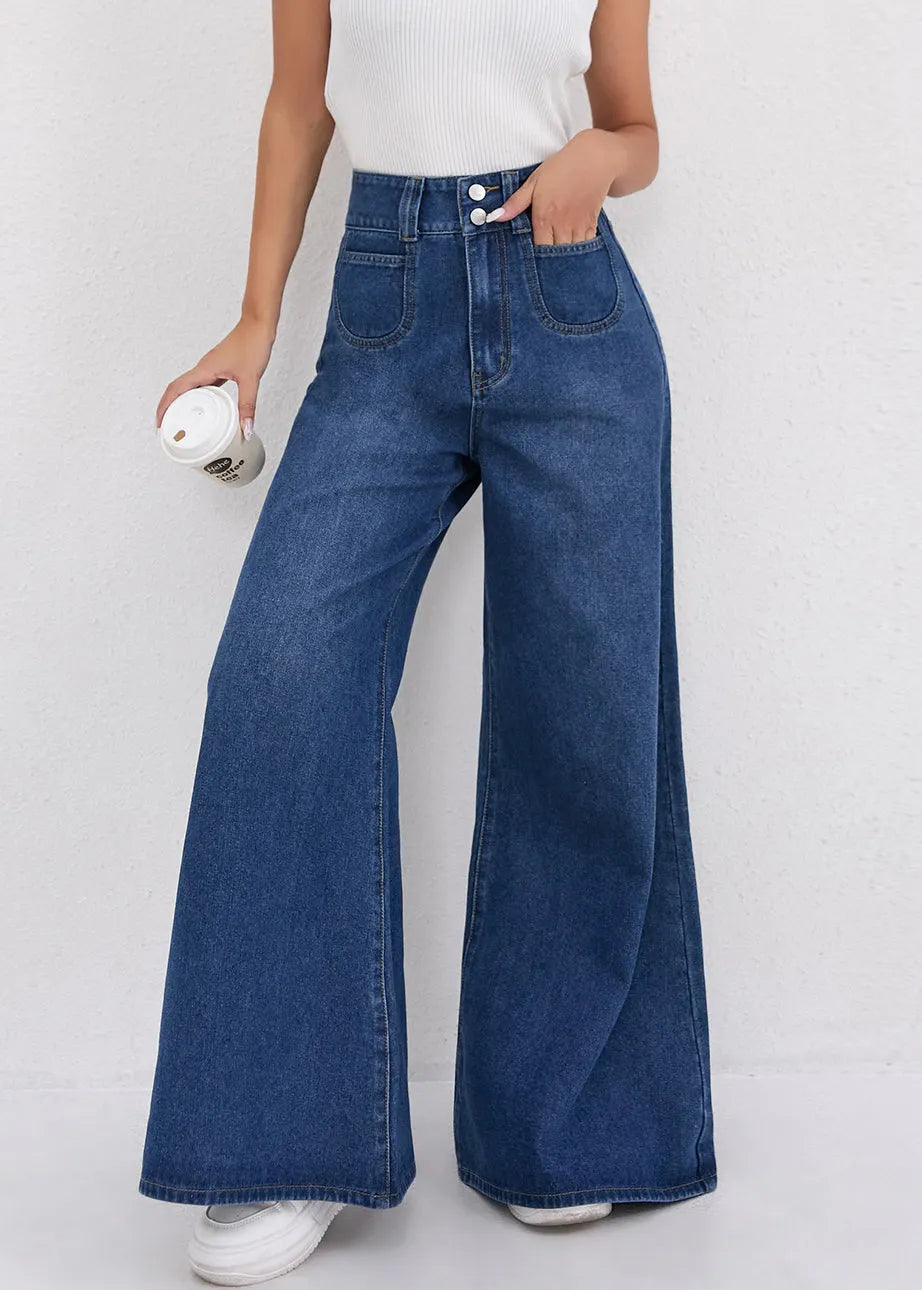 Natural Dark Blue High Waist Wide Leg Jeans Spring