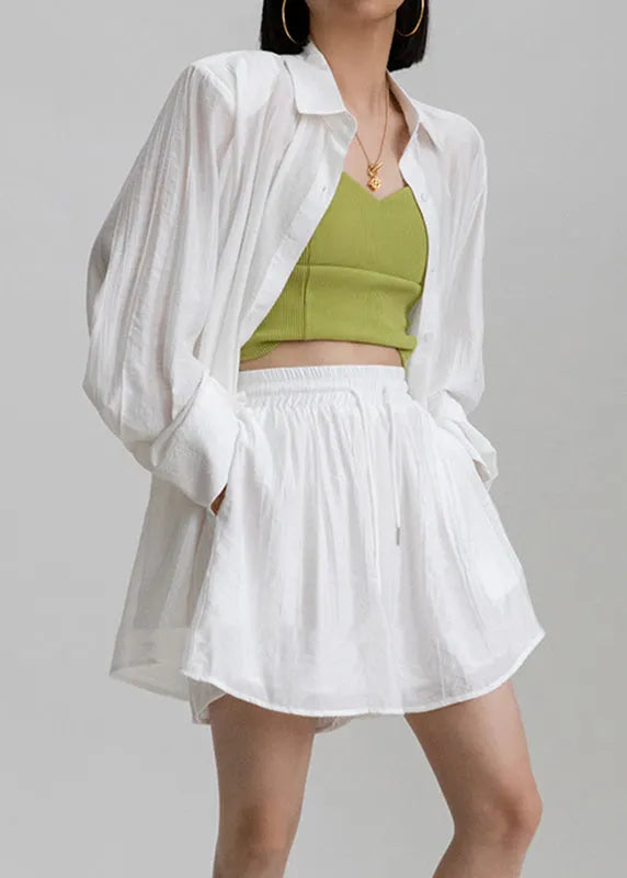 White Peter Pan Collar Shirts and Shorts Two Pieces Set Long Sleeve