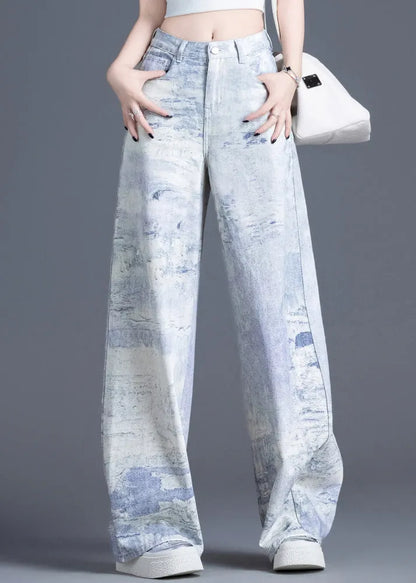 Blue Pockets Tie Dye High Waist Denim Pants Spring