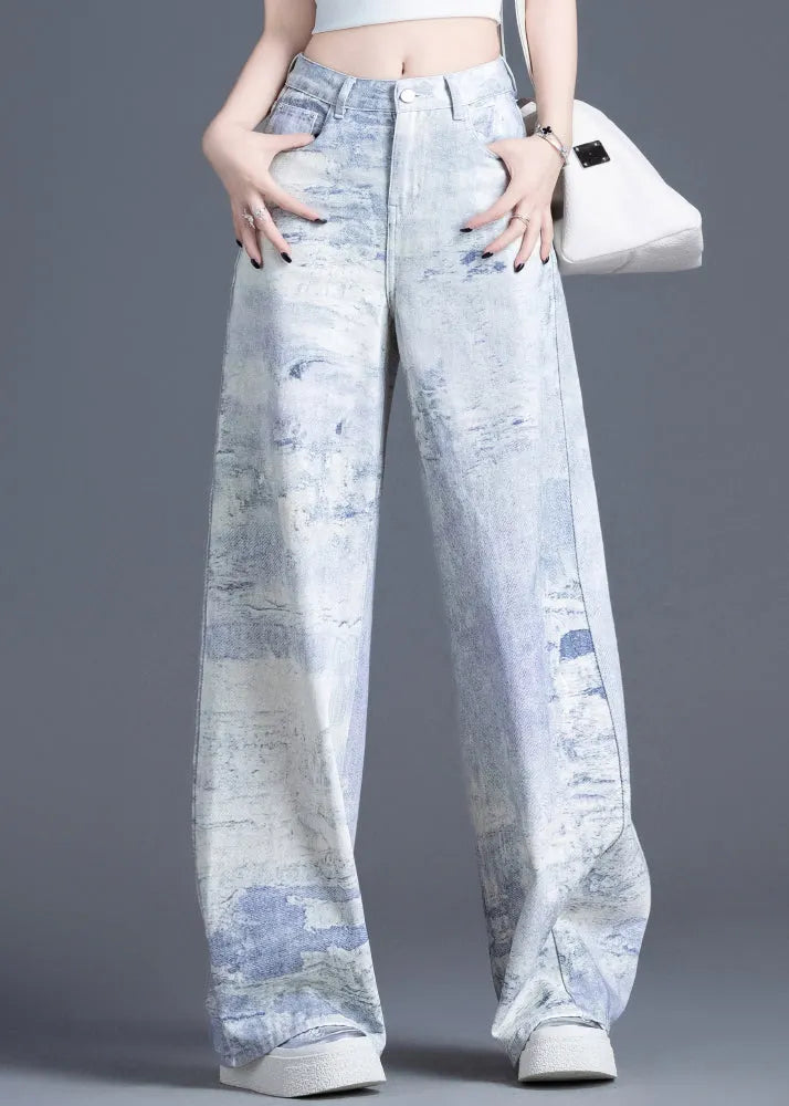 Blue Pockets Tie Dye High Waist Denim Pants Spring