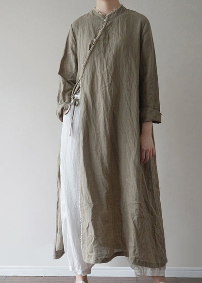 Chinese Style Green Tie Waist Linen Long Dresses Long Sleeve